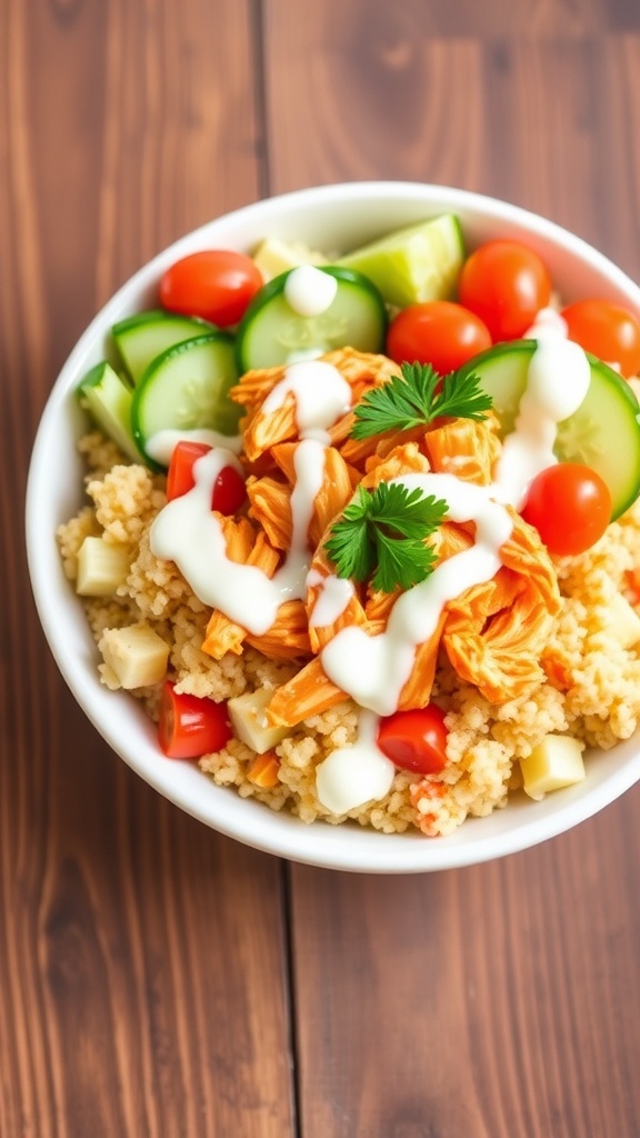 A colorful bowl of quinoa topped with buffalo chicken, tomatoes, cucumber, and ranch dressing.